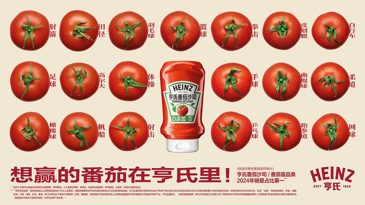 OBlogdaPub's tweet image. Heinz celebra os Jogos Nacionais da China com 34 pictogramas de tomate!
“Every tomato that strives to win is in Heinz.”
🔗 blogdapublicidade.com/campanha/heinz…
#Heinz #Branding #MarketingCriativo #Design #Esporte