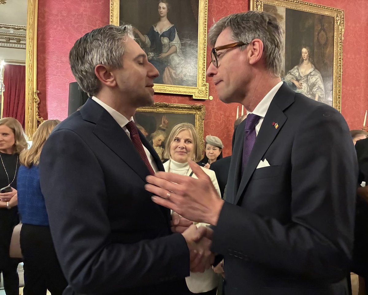 BEinIreland's tweet photo. Ambassador Nicolas Nihon offers his warm congratulations to the new President of Ireland Catherine Connolly and greets Tánaiste Foreign Minister Simon Harris in Dublin Castle @MonarchieBe @prevotmaxime @BelgiumMFA https://t.co/M62sQMTcwc