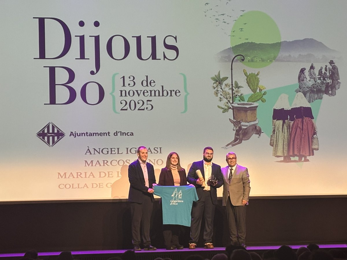 SocialistesInca's tweet image. ❤️ Gràcies a la Colla de Gegants d'Inca, a l'escola Beat Ramon Llull, als Revetlers del Puig d'Inca i a Andreu Genestra per ser l' exemple del que significa estimar a la nostra ciutat! 

👏🏼 Enhorabona als guardonats en el Premis Dijous Bo 2025, sou l'autèntic #OrgullInquer!