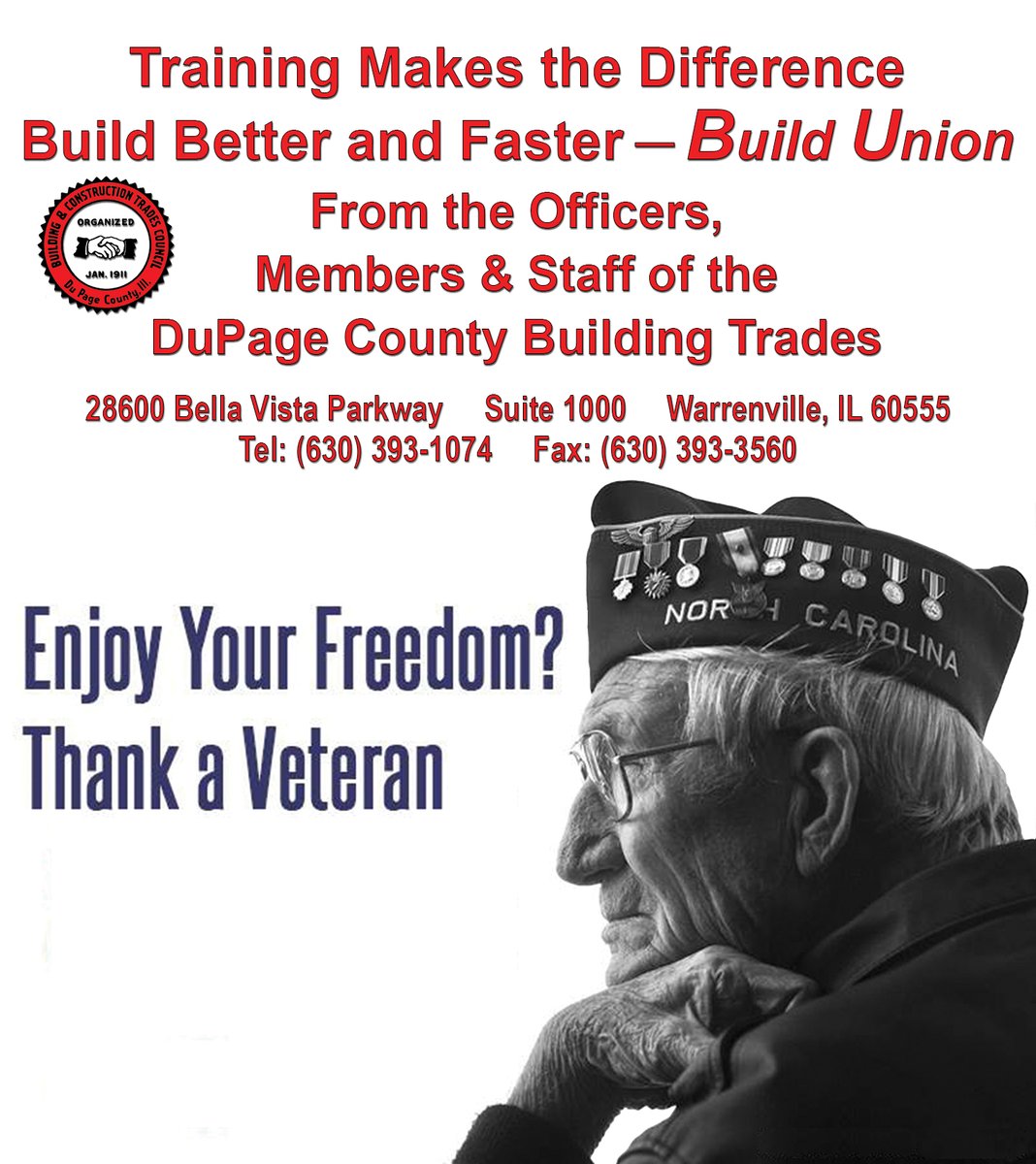 This #VeteransDay, the Warrenville-based DuPage County Building Trades stands in gratitude and respect for every Veteran who’s worn the uniform and fought for our shared ideals. Thank you for your service.
#UnionStrong #Solidarity #LaborNews