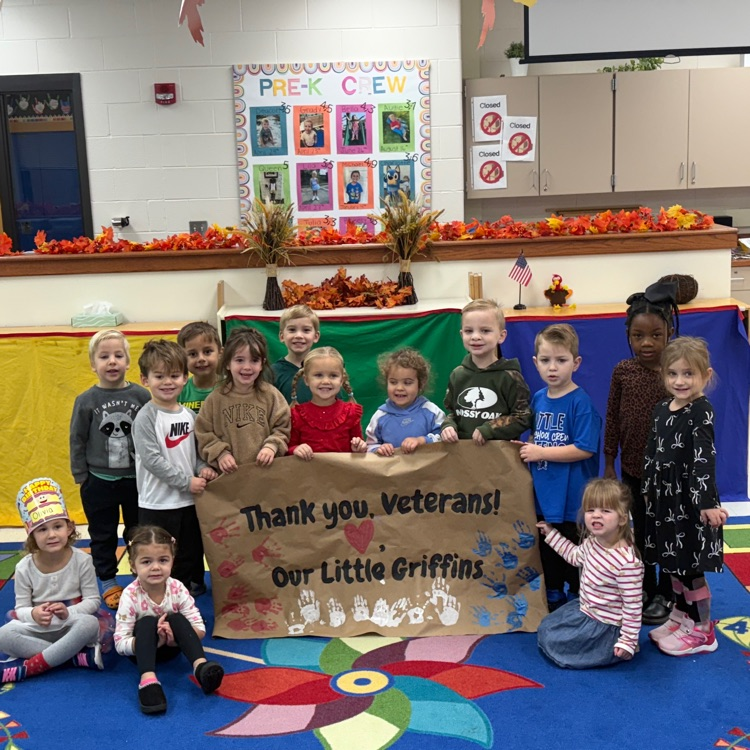 Mrs. Russler's Early Childhood Ed students and Little Griffins send their thanks to all Veterans who have served and are serving for our freedoms 🇺🇸
