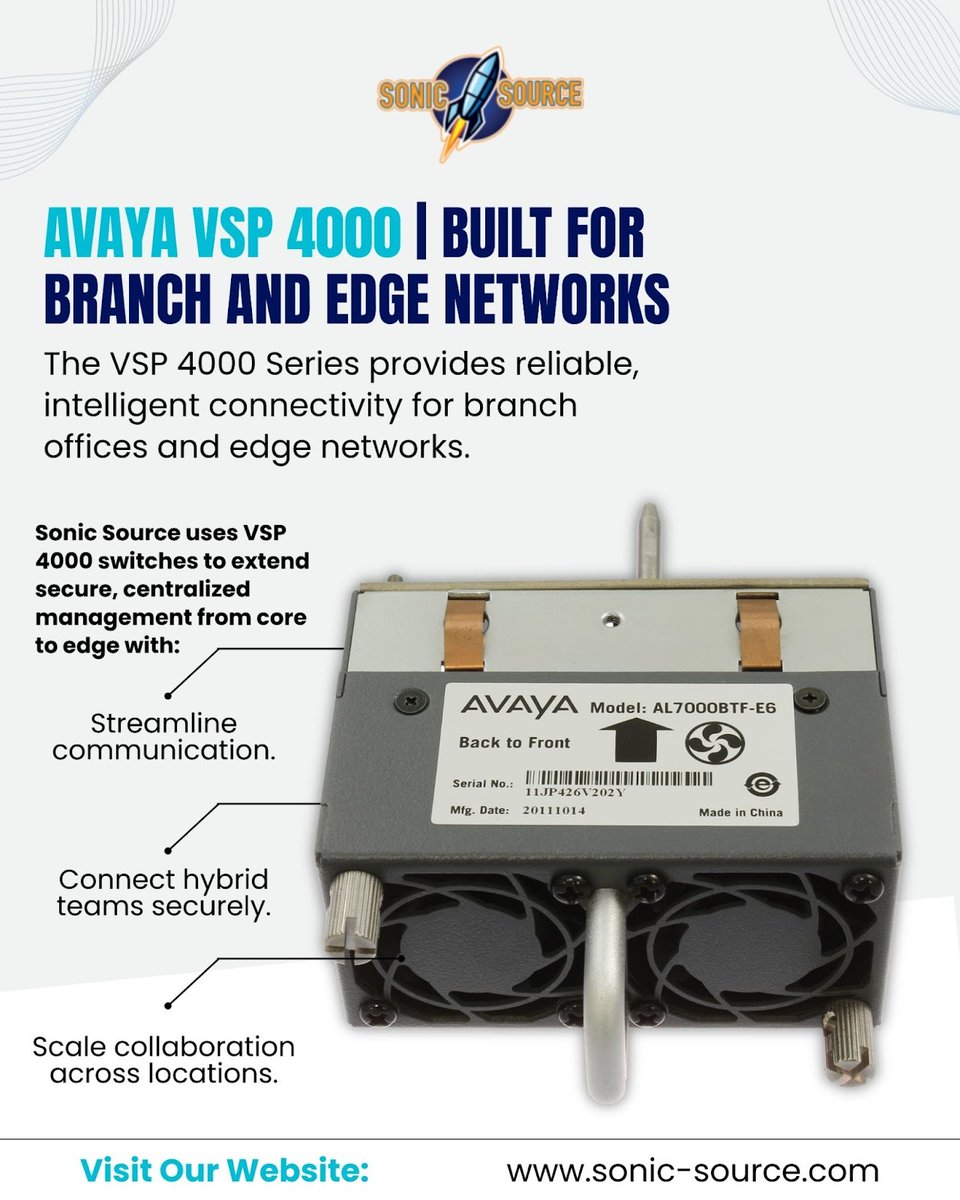 SourceSoni25436's tweet image. Connectivity shouldn’t stop at headquarters.

 Sonic Source deploys Avaya VSP 4000 switches to keep branch and edge networks just as fast and secure as your core.

 Unified performance, everywhere you operate.
.
.
.
.
#sonicsource #avayavsp4000 #branchnetworking