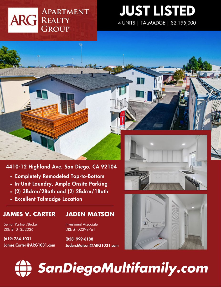 ApartmentRealty's tweet photo. JUST LISTED // 4 UNITS TALMADGE // $2,195,000

4410-12 Highland Ave, San Diego, CA 92115

Current Cap Rate 5.17%
Fully Remodeled Property
Strong in-place rents
High Demand Submarket
Adjacent to SDSU and Kensington
North of El Cajon Blvd.

Contact ARG for Access to Our Inventory! https://t.co/V4eID3kW4D