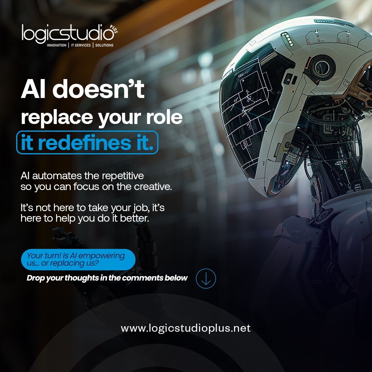 LogicStudioPlus's tweet image. ⚙️ Artificial intelligence isn’t taking jobs — it’s transforming them.
With the right tools, teams are moving from routine tasks to real innovation.

Comment your thoughts: is AI a threat or an opportunity? 👇

#FutureOfWork #AIForTeams #LOGICSTUDIO #Innovation