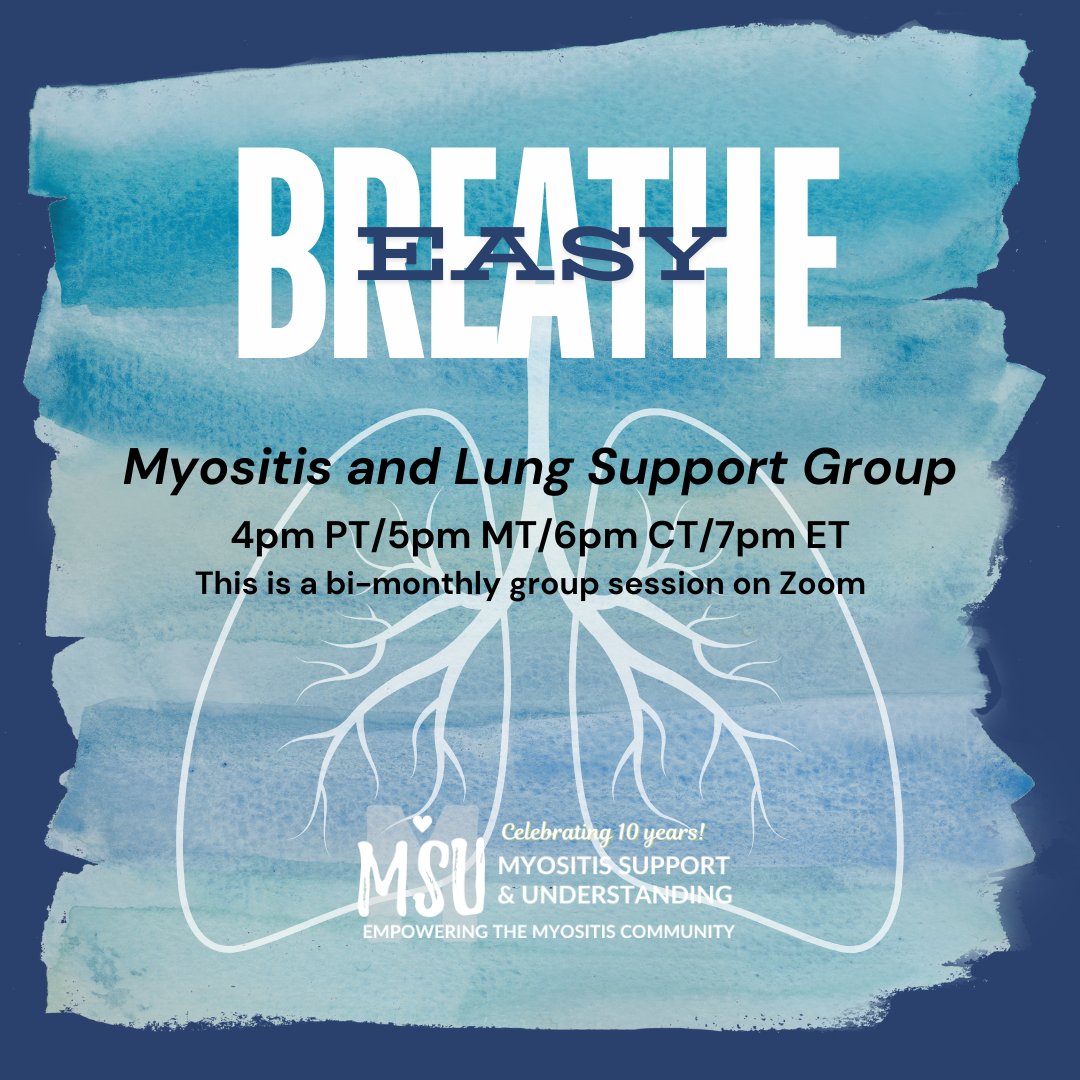 MyositisSupport's tweet image. Breathe Easy, dedicated specifically to myositis patients who are experiencing lung issues. Join us for our meeting on Tuesday, July 8th on Zoom. register here: understandingmyositis.org/event/bi-month…
#MSU #MyositisSupport # #MyositisAwareness #LungHealth #BreatheEasy