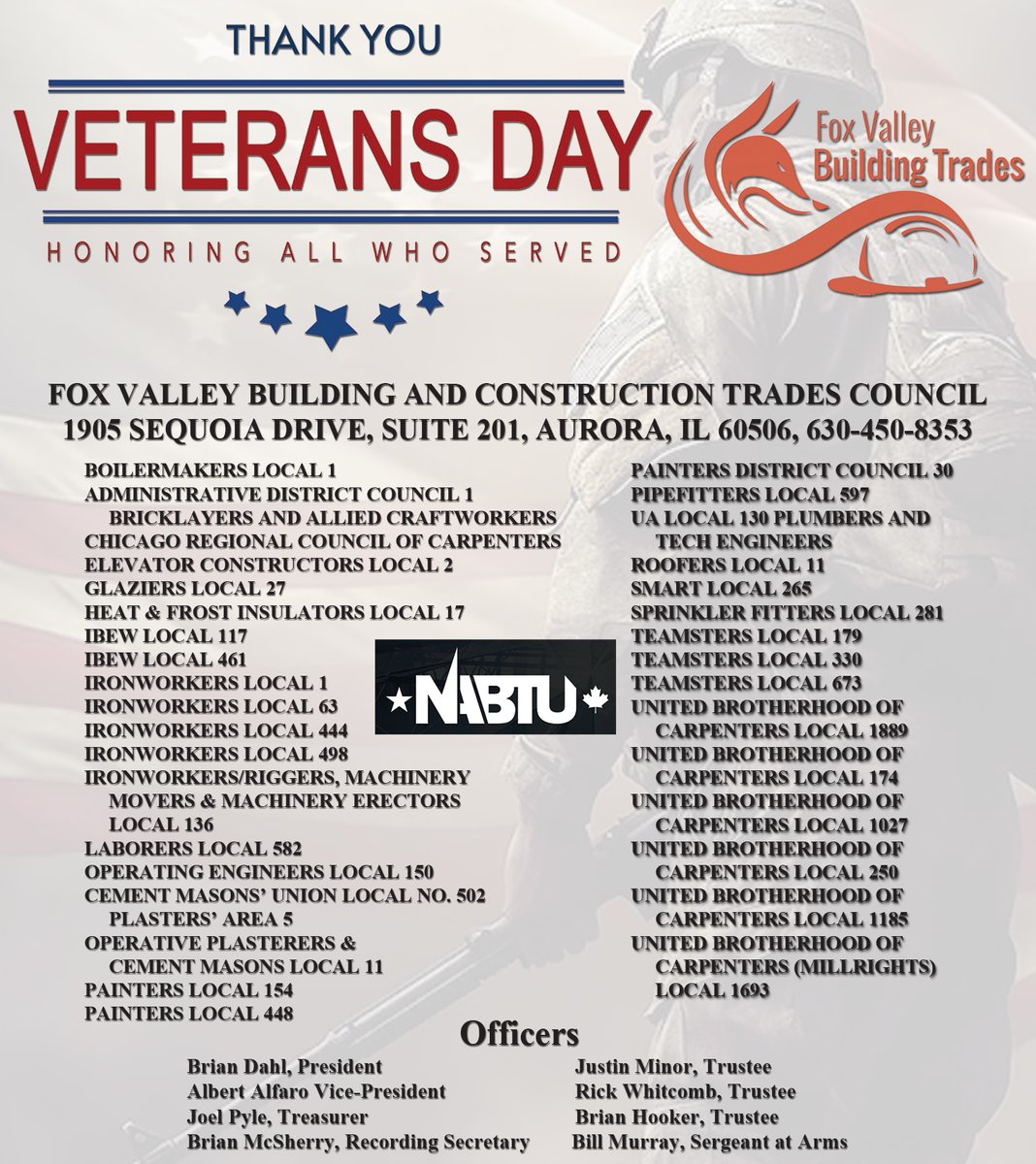 Unions are proud to count thousands of Veterans among our ranks. This #VeteransDay, the Aurora-based <a href="/PrezofFVBT/">Fox Valley Building & Contruction Trades Council</a> honors your service to our nation and the Labor movement.
#UnionStrong #Solidarity #LaborNews
