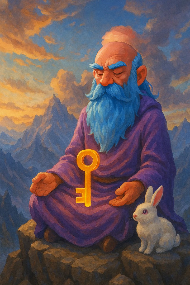 0xAldus's tweet image. &quot;He sits high a top the mountain, his golden key glowing with cosmic energy as he meditates beside his faithful rabbit Eidolon, channeling the wisdom of realms unseen.&quot; @ForgottenRunes @RuniverseGame @FRWCCouncil

#ForgottenRuniverse #RuniverseGame #FRWC #JoinTheCult