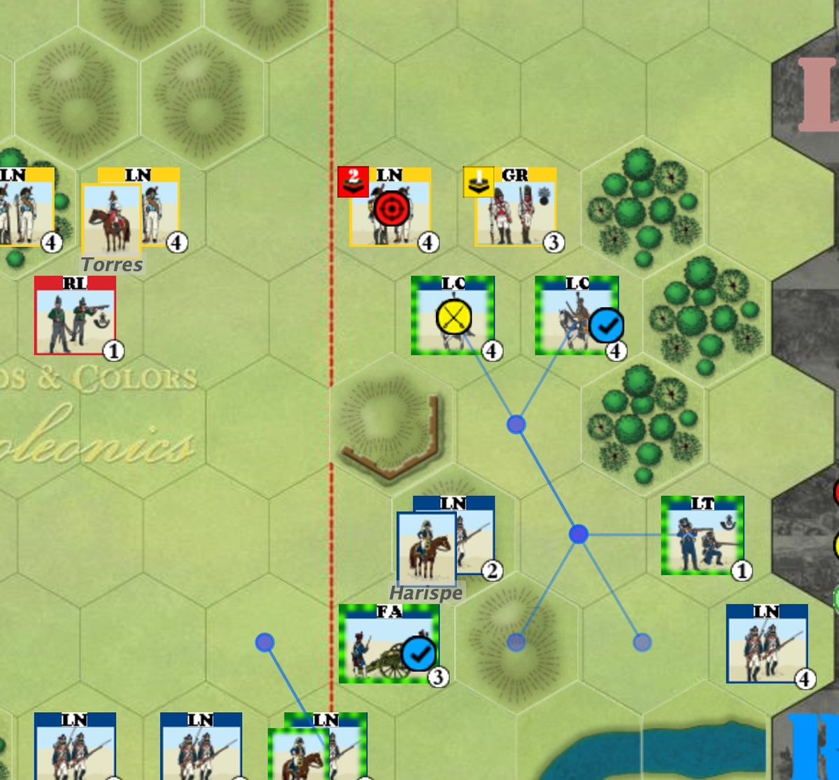 Spain, September 1813 - Hussars and Cheveau-Légeres cover my battered infantry by forcing the advancing Spanish into square - the Ordal Cross scenario from GMT’s Command &amp; Colors: Napoleonics.  VASSAL League game versus Gary Phillips