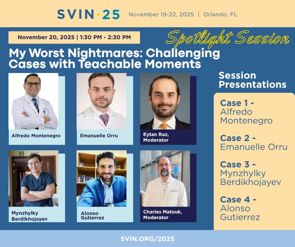 svinsociety's tweet image. My Worst Nightmares: Challenging Cases with Teachable Moments at #SVIN25. 

Real cases. Real challenges. Real lessons. Experience the toughest neurointerventional cases — and the lessons learned from experts with us at SVIN25! Register at svin.org/2025

@eytanraz…