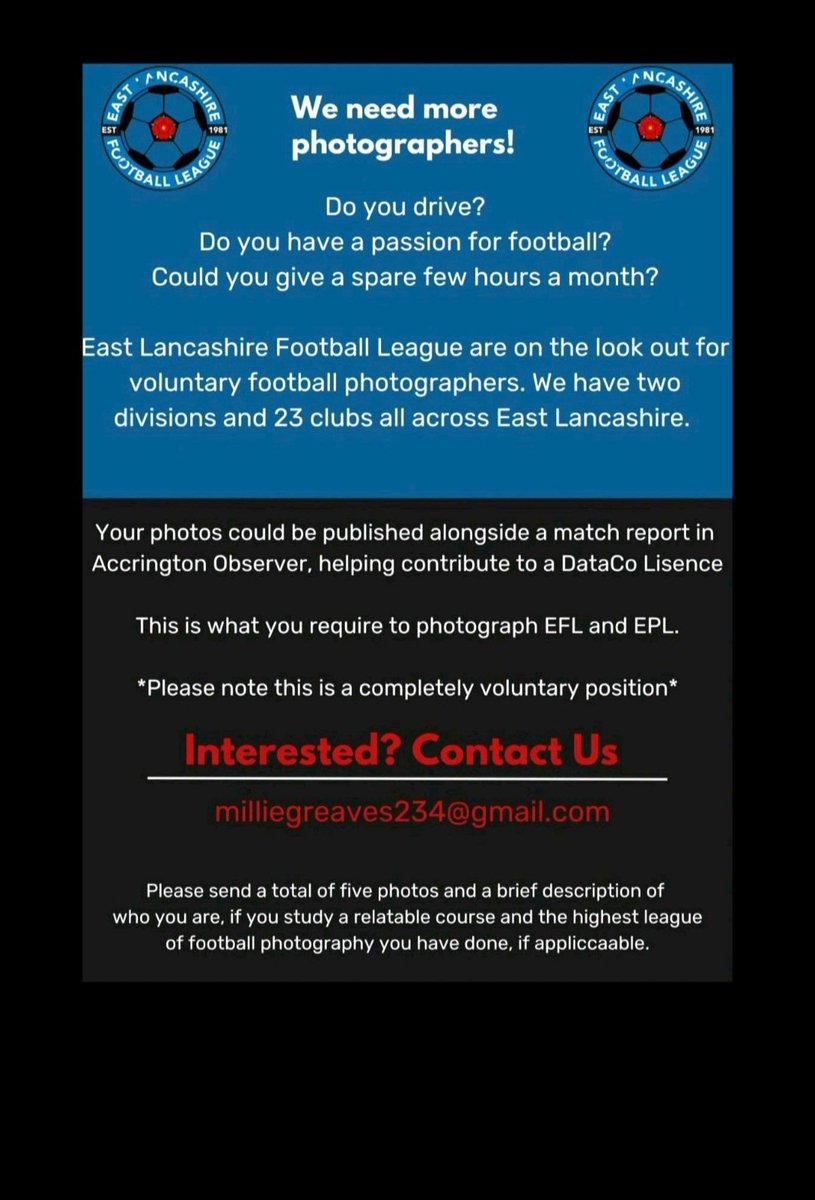 Photographers wanted📸

Come and join our team at East Lancashire Football League <a href="/eastlancs_fl/">East Lancashire Football League</a> 
Matches taking place in Blackburn, Accrington and Burnley it is a great starting point for those wanting to get into Sports photography! 📸⚽️

Interested? 
Contact me!⬇️
#football