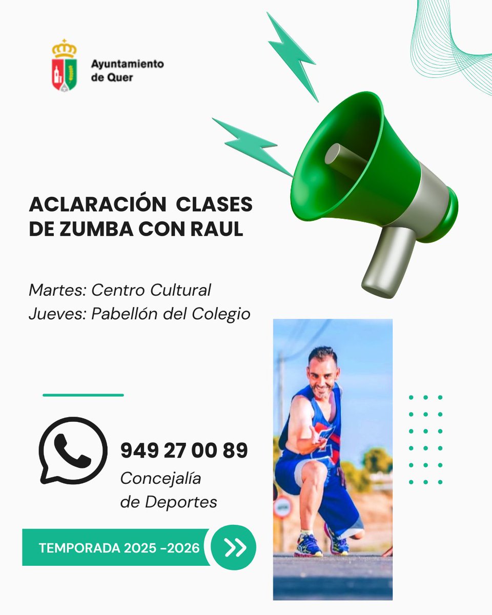 aytoquer's tweet image. 📢 Aclaración clases de Zumba con Raúl
🗓 Martes: Centro Cultural
🗓 Jueves: Pabellón del Colegio
ℹ️ Más info en la Concejalía de Deportes
📞 949 27 00 89
#Quer #DeportesQuer #Zumba #AyuntamientoDeQuer
