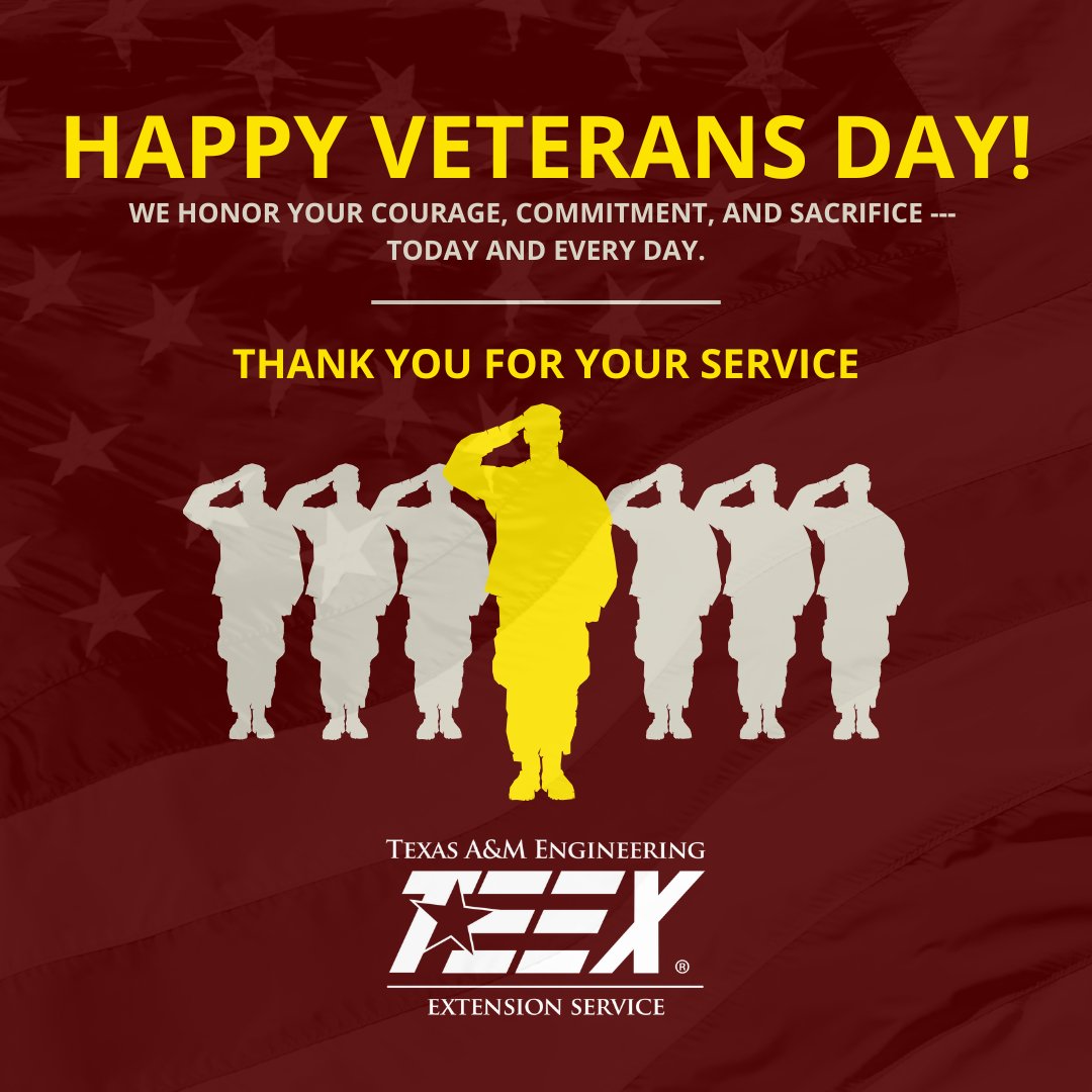 teexagency's tweet photo. This Veterans' Day, we honored our veteran staff with a special ceremony featuring a Presentation of Colors by Bryan High School Junior ROTC and a heartfelt message from Dee McCown.
Thank you for your service. β€οΈπ€π #TEEXVeterans #TEEXCares #TEEXTraining https://t.co/2nshJPBMOy
