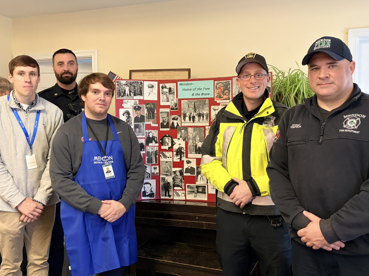 mendonpolice's tweet photo. Last week, the Senior Center hosted its annual Veterans’ Breakfast. Officers and student interns helped serve breakfast as the community came together to show appreciation for their service. On this Veterans Day, we joins the community in honoring all who have served our nation. https://t.co/wPtxjoFl9U