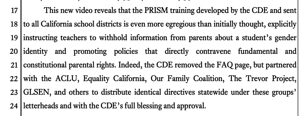🗣️UPDATE: After gaining full access to the CA Dept. of Ed's full PRISM training, we filed new court docs last night with more evidence showing the CDE worked with 19 LGBTQ+ orgs to sneak gender secrecy directives into mandatory teacher trainings sent to districts statewide...