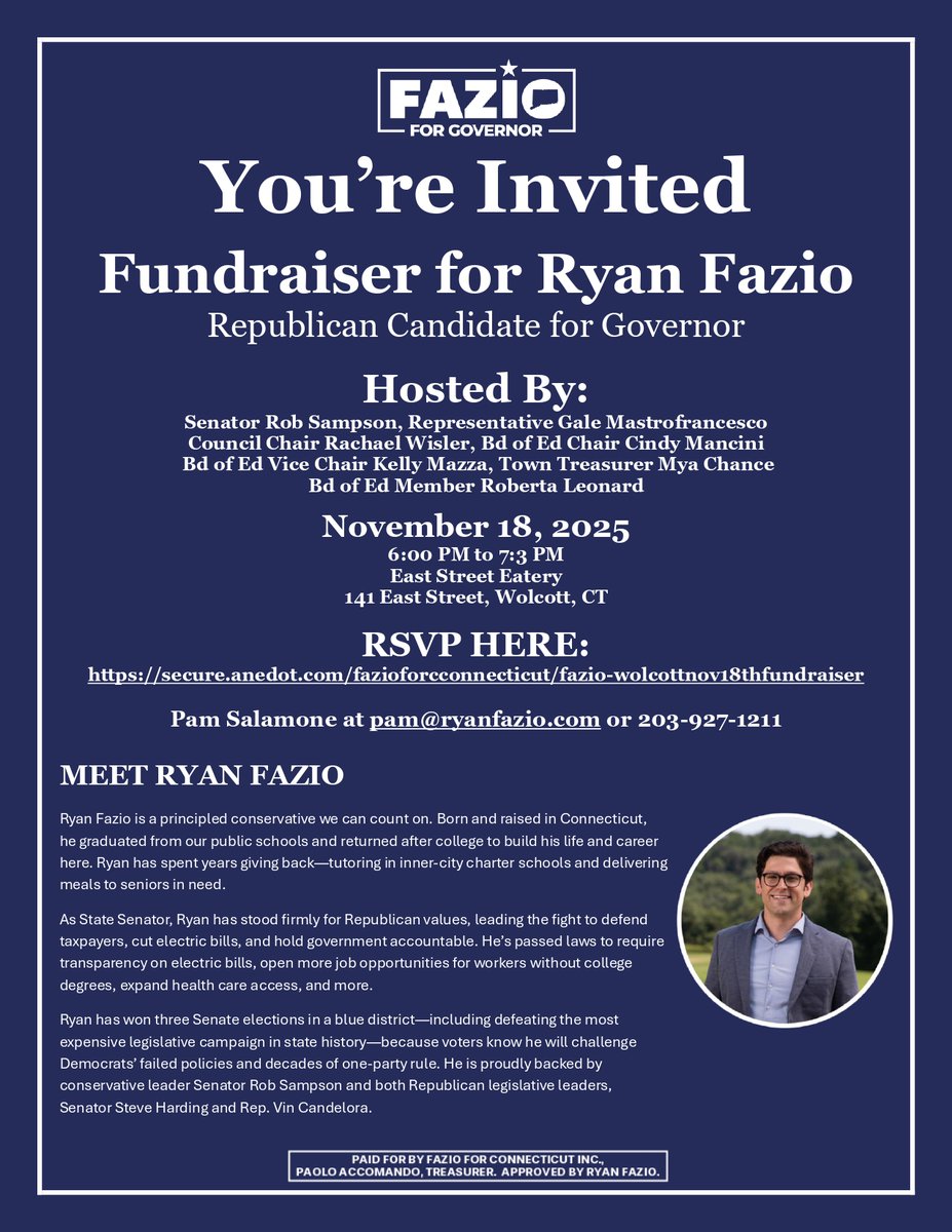 sampsonforct's tweet image. Come out and support @ryanfazio next Tuesday night in Wolcott. 

I’m all in for Ryan. I know him, I trust him, and I know what real leadership looks like. Come meet him in person and see for yourself why he’s the leader who can unite our party, create a movement, and win for CT.