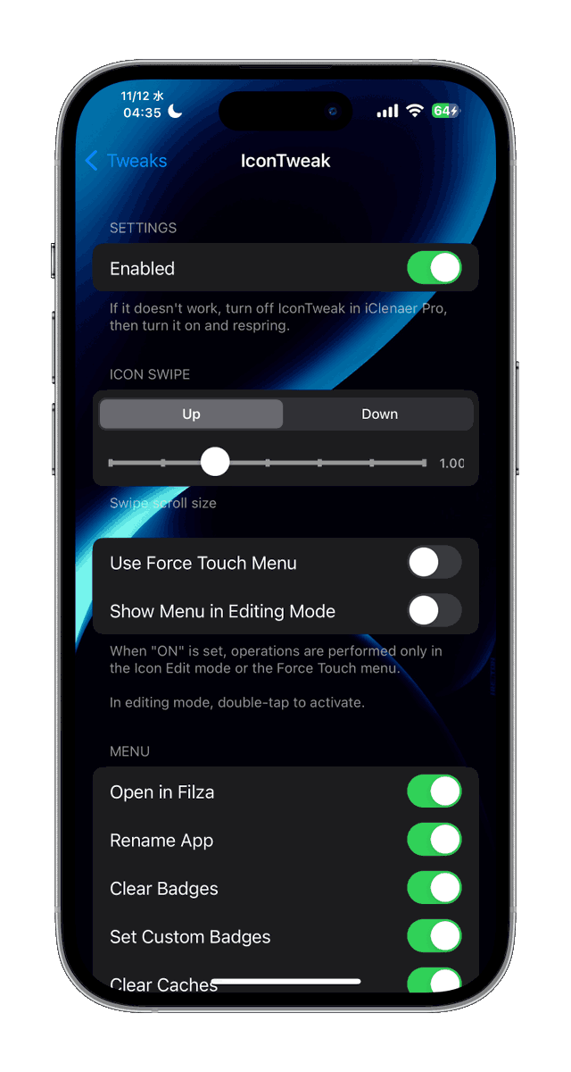 ichitaso's tweet image. [PR] IconTweak2 beta1 | Patreon
patreon.com/posts/icontwea…

I&apos;ve added rootless support for iOS 15 and 16, based on IconTweak.

The backup/restore feature (Remove All User Data including keychain) is not yet available.