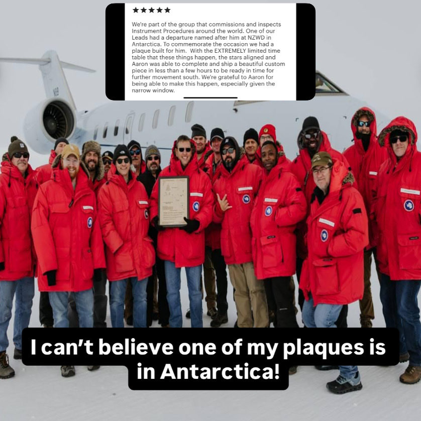 ClearcutW's tweet photo. I was asked to make a plaque for an event down in Antarctica!! What a cool experience to be able to make an item that was shipped to the very end of the earth! #avgeek #aviation #antartica https://t.co/Pg2DqHEbRv