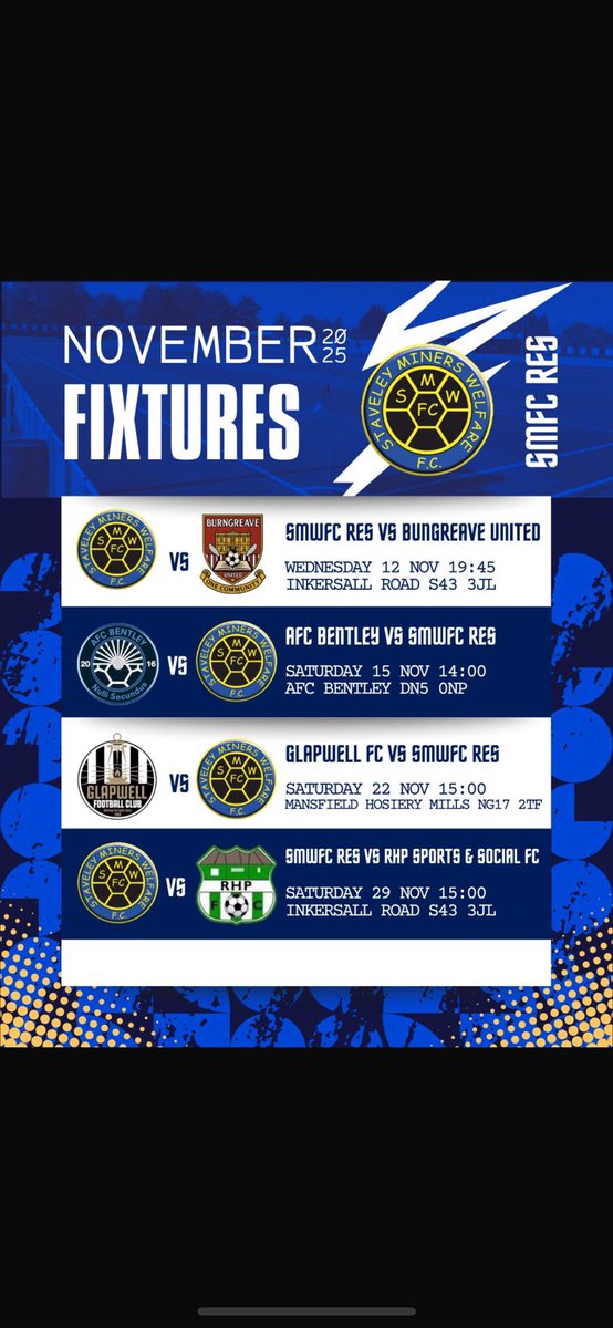 🔵⚪ STAVELEY MWFC RESERVES – NOVEMBER 2025 FIXTURES ⚪🔵

Here’s what’s coming up for the Trojans this month ⚽️⚽️⚽️⚽️

Let’s keep the momentum going and get behind the lads! 💪

#UpTheTrojans #StaveleyMWFC #Reserves #MatchDay #NonLeague