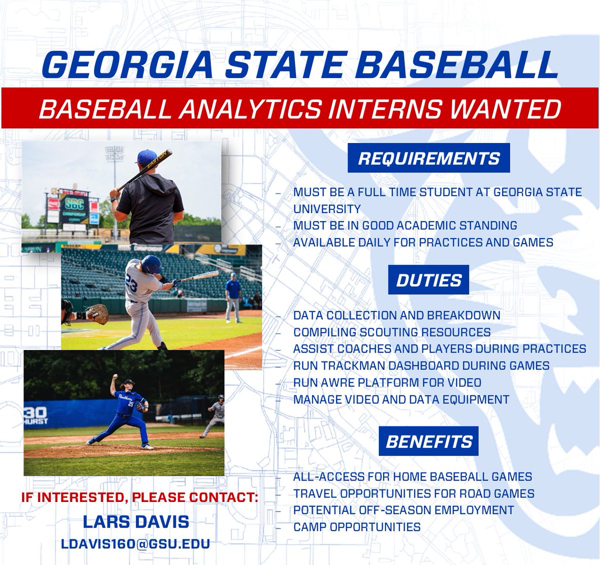 GSU_Base's tweet photo. Interested in being a GSU baseball equipment manager or data intern?

Email: ldavis160@gsu.edu https://t.co/Y6ywV3VYlS