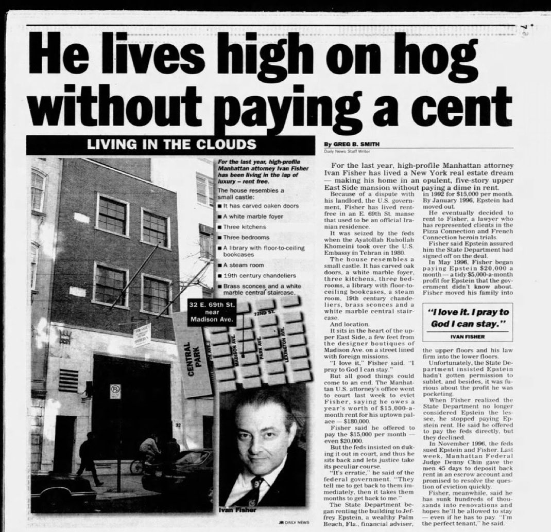 KlonnyPin_Gosch's tweet image. Recall how the State Department straight up rented a 5 story mansion on the Upper East Side to Epstein (that’s located on a block filled with embassies and which was seized from the Iranians &amp;amp; Ayatollah Khomeini in 1980) and he lived there as their tenant from ‘92 - ‘96?