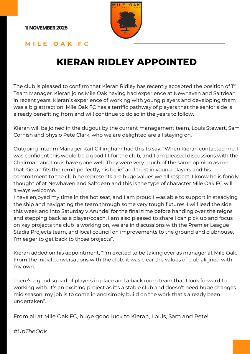 Kieran Ridley is appointed Mens 1st Team Manager

All at Mile Oak FC wish Kieran good luck and we're excited for the future under his tenure

🧡🖤