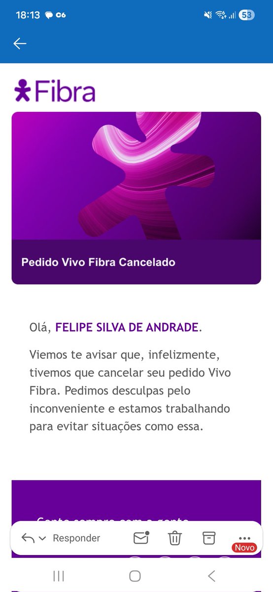 feIipe_andrade's tweet photo. Estou há 2 semanas esperando, pacientemente, a @vivobr ir no meu apartamento instalar a internet que eu contratei, aí agora eu recebo e-mail deles avisando que cancelaram o meu pedido sem nem dizer o motivo. Nenhum respeito pelo cliente, nenhum suporte... péssimos https://t.co/6SPktbg71t