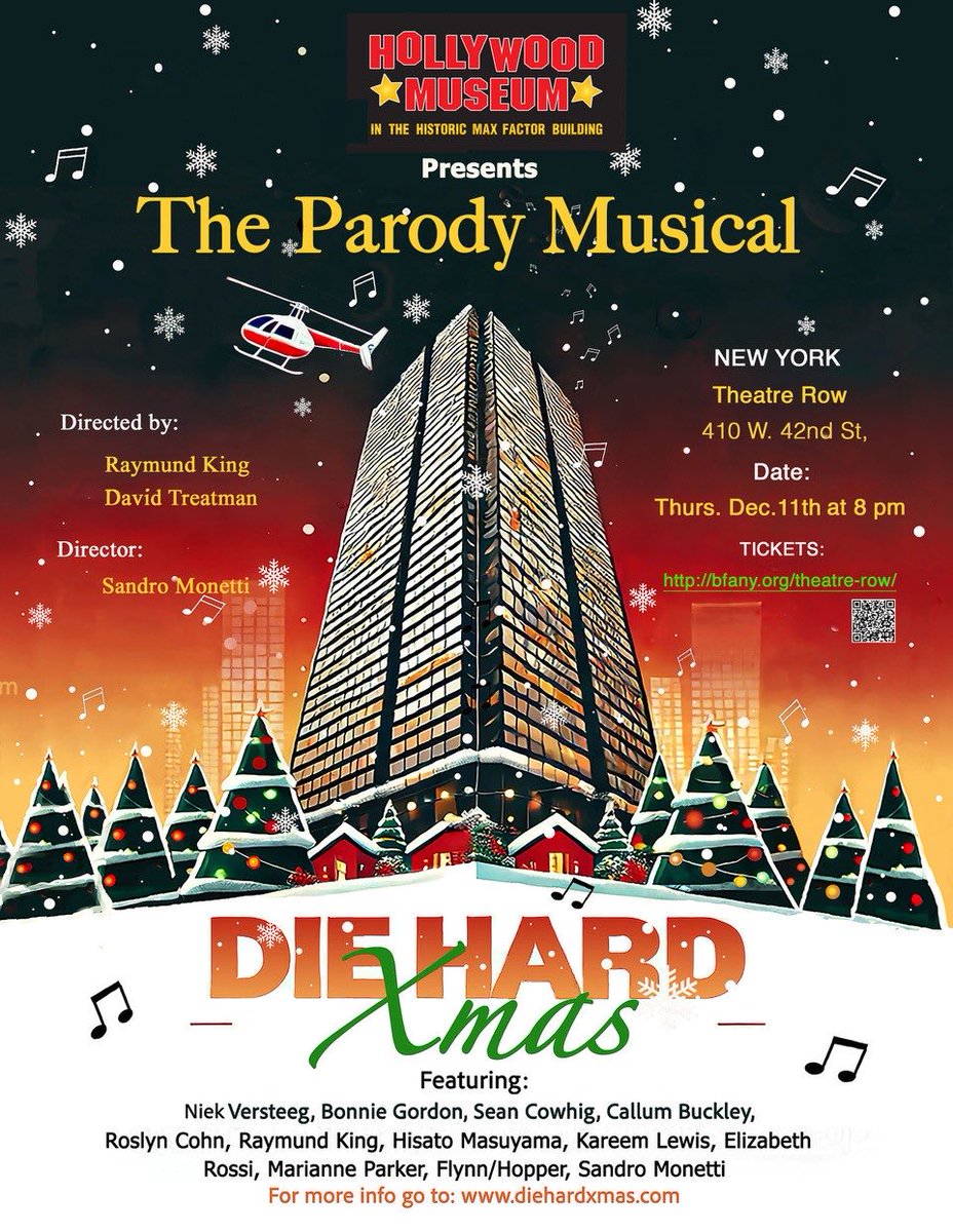 One month from tonight I’ll have the thrill of directing our hit stage musical parody Die Hard Xmas in New York at ⁦<a href="/TheatreRowNYC/">Theatre Row</a>⁩ on 42nd St. Ticket info for Dec 11 and our London shows Dec 19 and 20 at ⁦<a href="/museumofcomedy/">Museum of Comedy</a>⁩ can be found at diehardxmas.com