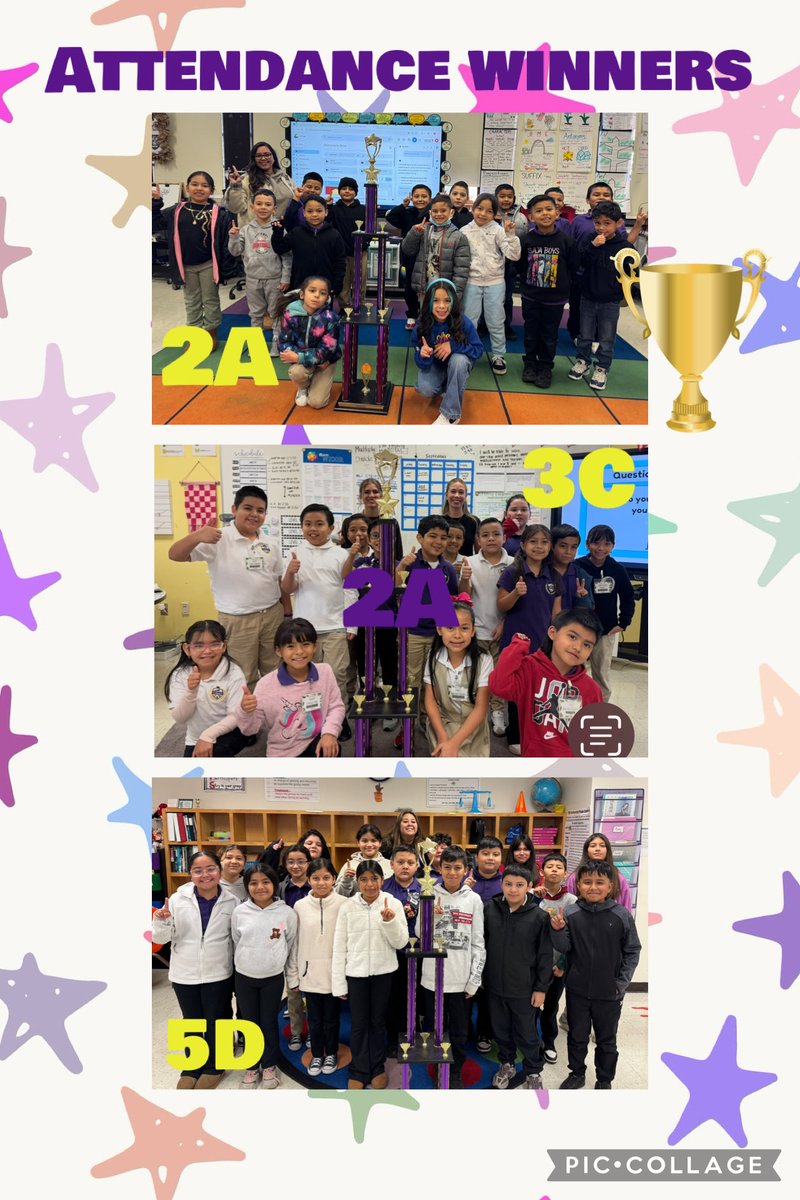 Let's give a Woot! Woot! to our new attendance trophy winners, Mrs. Gonzales' 1st/2nd graders with 98% attendance, and Ms. Cristian's 3rd graders and Mrs. Moreno's 5th graders who both achieved 100% attendance rate! <a href="/CounselingDISD/">Dallas ISD Counseling Services</a> <a href="/CowartDISD/">Cowart Elementary</a> #region4saynomore