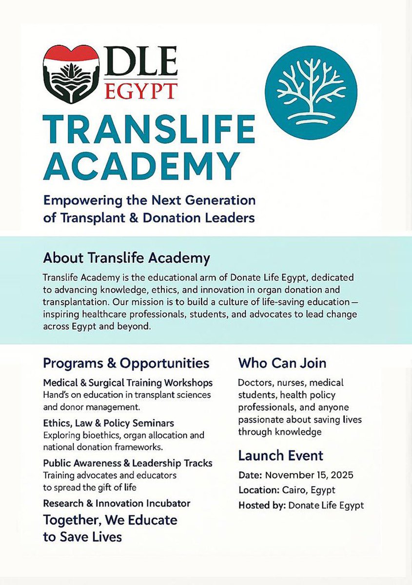 DonateLifeEG's tweet photo. 🌿Introducing TransLife Academy🌿

Empowering the next generation of transplant and donation leaders across Egypt and beyond.

Together, we educate to save lives.❤️

#DonateLifeEgypt #TransLifeAcademy 
#DLE2025 https://t.co/5go4269XcH