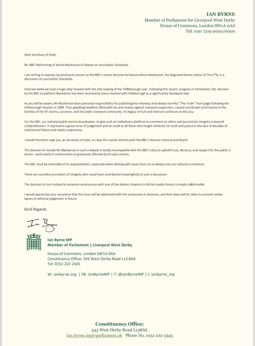 I have written to the Secretary of State for DCMS questioning the BBC’s disgraceful decision to platform the discredited ‘journalist’ Kelvin MacKenzie in a discussion on ethical journalism.