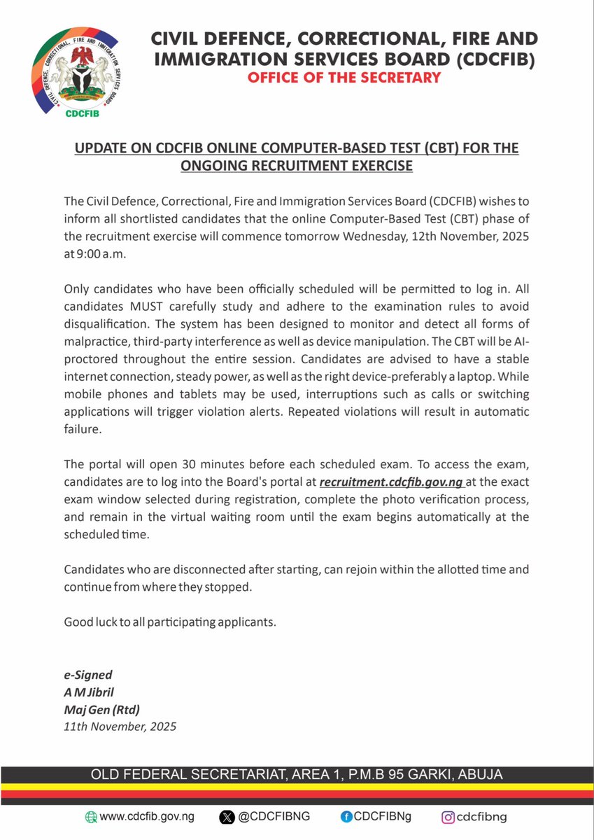 MSIngawa's tweet image. UPDATE ON CDCFIB CBT FOR THE ONGOING RECRUITMENT EXERCISE.

To access the exam, shortlisted candidates are to log into the Board&apos;s portal at recruitment.cdcfib.gov.ng at the exact exam window selected during registration.