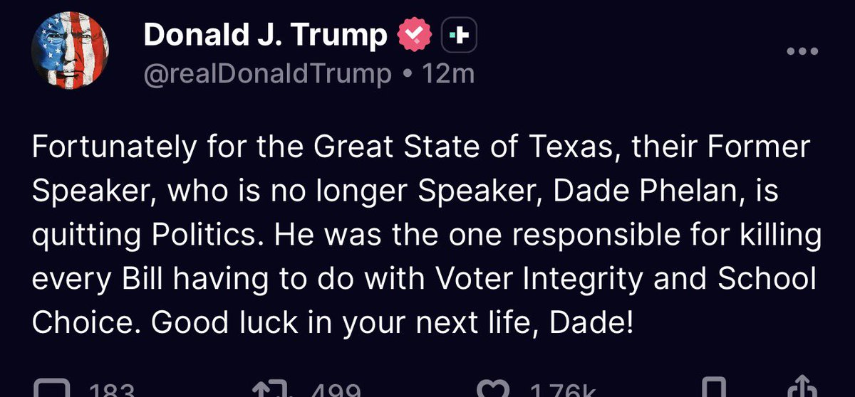 KamVTV's tweet image. BOOM! Trump was right, sell-out Republican Dade Phelan’s political career is done.

He sold out Texas conservatives to keep his grip on power.

Now it’s Speaker Dustin Burrows’ turn to go. These backroom dealmakers have turned the Texas House into a playground for Democrats.…
