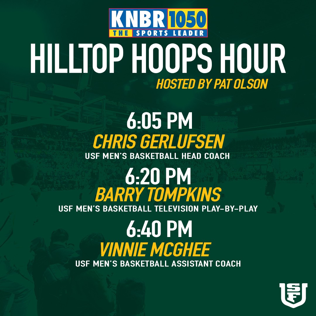 Join me tonight at 6:00 on <a href="/KNBR/">KNBR</a> 1050 as we talk <a href="/USFDonsMBB/">San Francisco Men's Basketball</a> with <a href="/CoachCeeGee/">Chris Gerlufsen</a>, <a href="/barry_tompkins/">Barry Tompkins</a>  and <a href="/Coach_McGhee11/">Vinnie McGhee</a>.

#WCCHoops / #USFDons