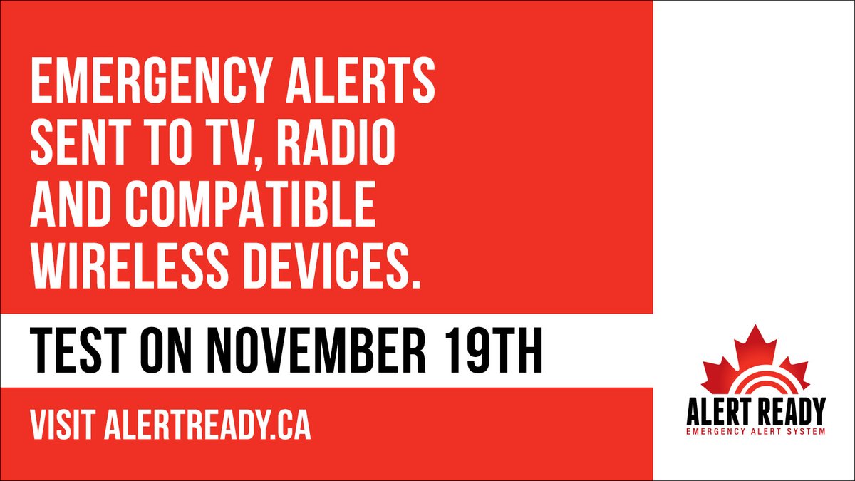AlertReady's tweet image. Reminder: There will be a #TestAlert of the #AlertReady system on Wednesday, Nov. 19.

Find out if your province/territory is participating: alertready.ca/testing-schedu…