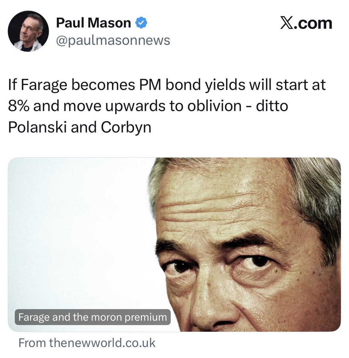 Well well well. What a funny old world. 

Paul is egging on the bond markets to ‘do a Mitterrand’ on anyone who isn’t Starmer.