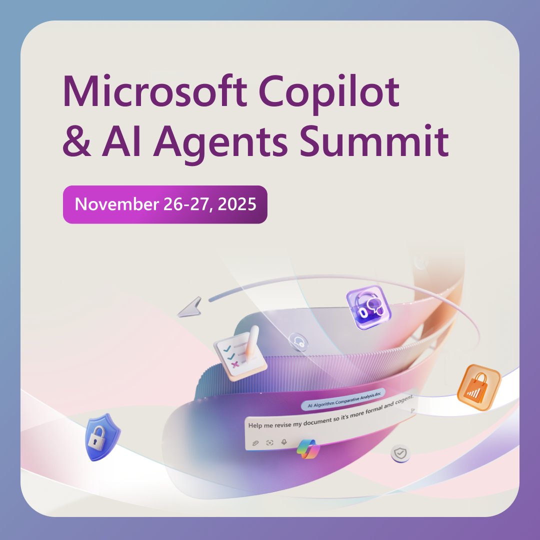 MicrosoftLearn's tweet image. Join us at the Microsoft Copilot &amp;amp; AI Agents Summit Nov 26–27. 

🚀 Discover how Copilot and AI Agents are reshaping work across industries. Expect expert-led sessions, real-world insights and experiences for every role.

Register now 👉 msft.it/6014tMA6A