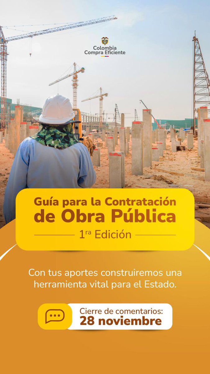 #ParticipaciónCiudadana | ¿Cómo fortalecer la transparencia, eficiencia y eficacia en los contratos de obra pública? Tus aportes serán fundamentales en la construcción de la Guía para la Contratación de Obra Pública.  

¡Participa! 

Pag. Web: colombiacompra.gov.co/archivos/convo…  

SUCOP: