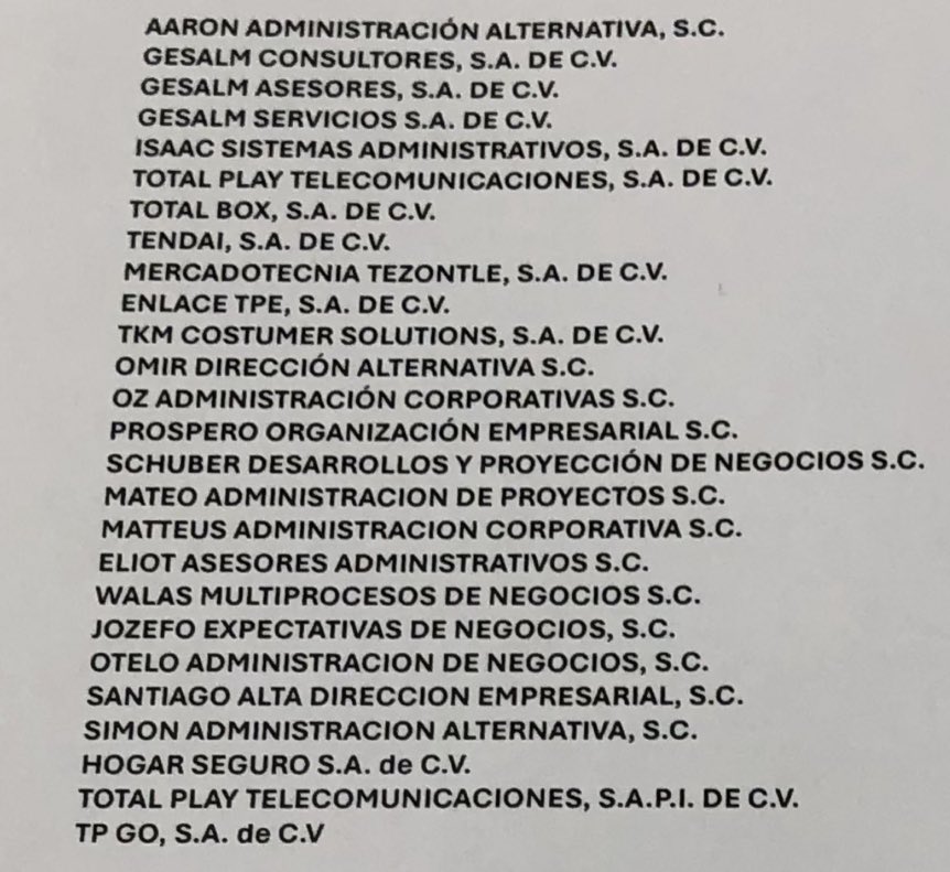 Estas son las falsas empresas a través de las que Total Play del empresario Salinas contrata a sus empleados para evadir las obligaciones legales con ellos.