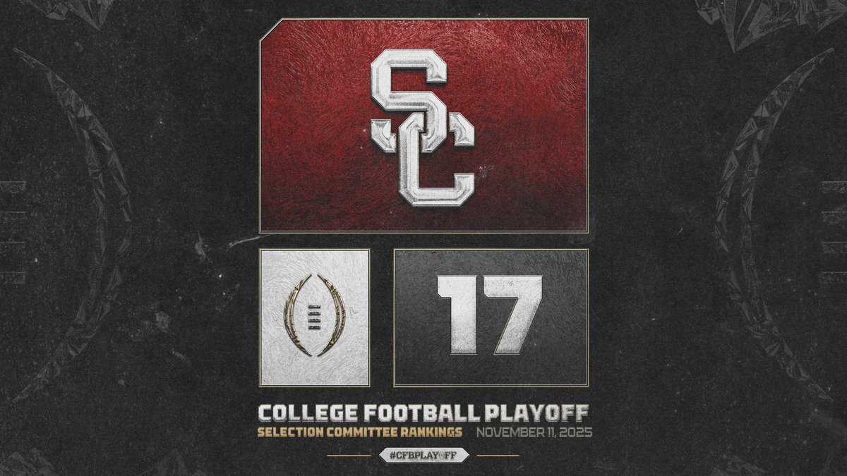 CFBPlayoff's tweet image. November 1️⃣1️⃣ College Football Playoff Selection Committee Rankings

1️⃣7️⃣. Southern California // @uscfb

#CFBPlayoff 🏈🏆