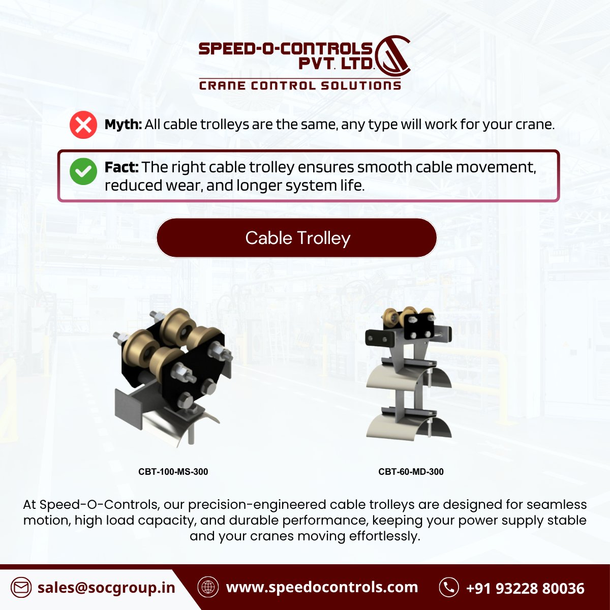 SpeedOControls's tweet image. ❌ Myth: “All cable trolleys are the same.”
✅ Fact: The right trolley ensures smoother motion, less wear &amp;amp; longer life.
At Speed-O-Controls, we engineer cable trolleys for precision, durability &amp;amp; seamless crane operation.
⚙️ Choose smarter. Move smoother.
#SpeedOControls