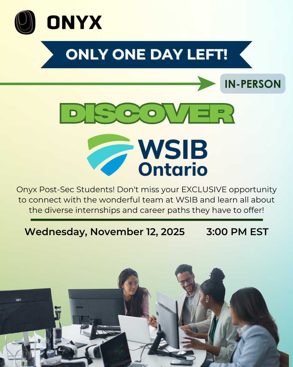 It’s #TakeChargeTuesday, Scholars! Just ONE DAY to go until Discover WSIB, happening TOMORROW, Nov 12 at 3 PM EST in Toronto. Connect with WSIB professionals, explore career paths &amp; learn how they’re building safer, more inclusive workplaces. Register via the Onyx Event Hub!