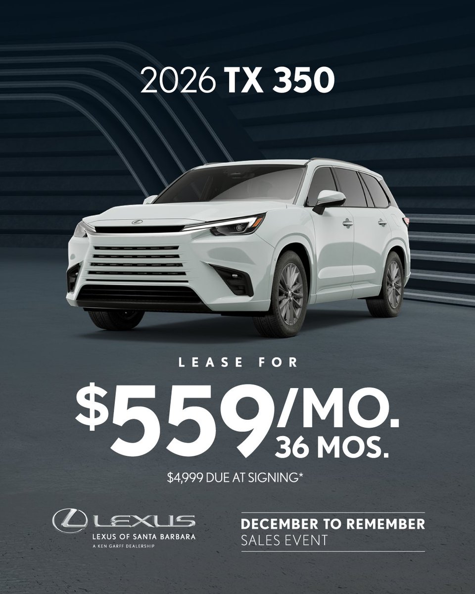 LexusofSB's tweet photo. 🚗💨 Drive home the 2026 TX for just $559/month! Only $4,999 due at signing for 36 months. Don’t miss out—your dream ride awaits! 

Shop Now: https://t.co/tM4p6Ihwna https://t.co/IS7xbY7wr4