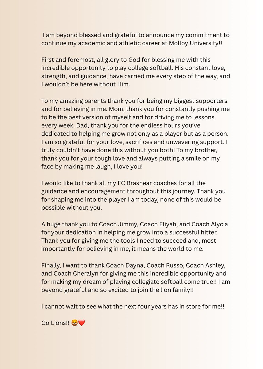 I am so excited to announce my commitment to Molloy University to continue my athletic and academic career!!! <a href="/MolloySoftball/">MolloySoftball</a> 
#Committed