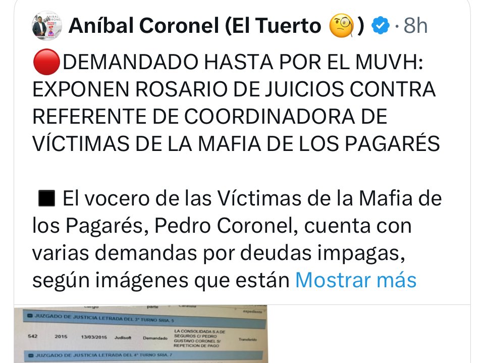 Mafia de los pagarés: ATENCIÓN a esto ☝🏻

Así operan contra víctimas y denunciantes 👇🏻

Me aparece esta publicación del tuerto Aníbal Coronel, operador cartista, con supuesta información privada sobre vocera de la Coordinadora de las víctimas de la Mafia de los pagarés
