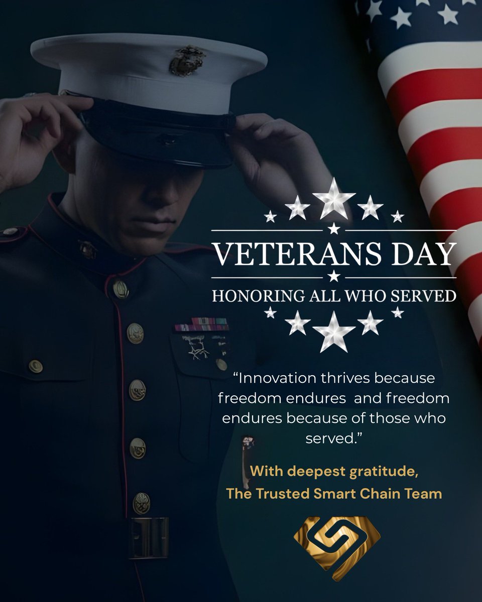 TrustedSociety's tweet image. Today, we honor the courage, service, and sacrifice of all who’ve served.

We believe that real security, like freedom, comes from integrity and trust. Thank you, Veterans.

#VeteransDay #ThankYouVeterans #TrustedSmartChain #OnChainTrust #IntegrityInAction