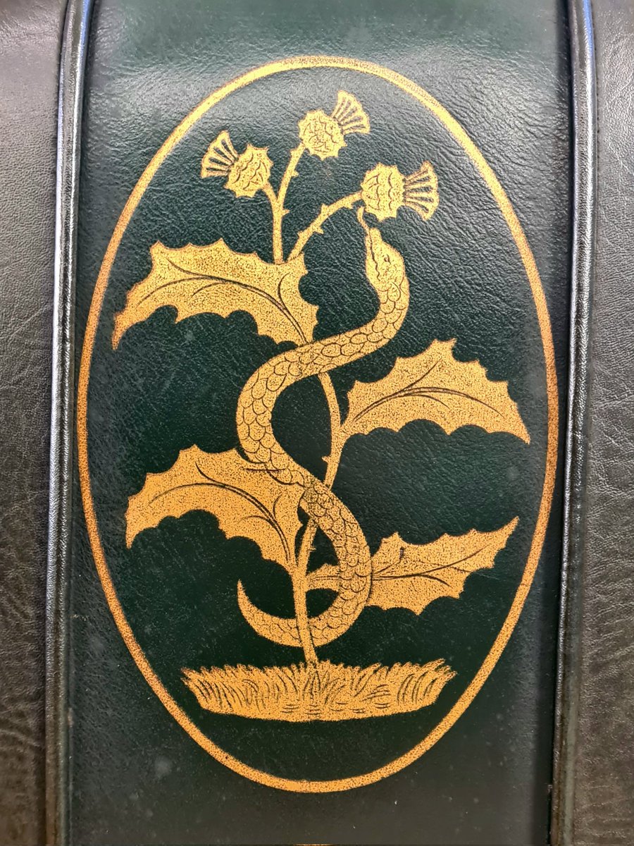 is_glasgow's tweet image. The emblem of Glasgow Royal Infirmary, featuring a snake wrapped around a thistle, on a leather chair in the hospital's museum. 

Cont./

#glasgow #glasgowroyalinfirmary #hospital #asciepius #rodofasciepius