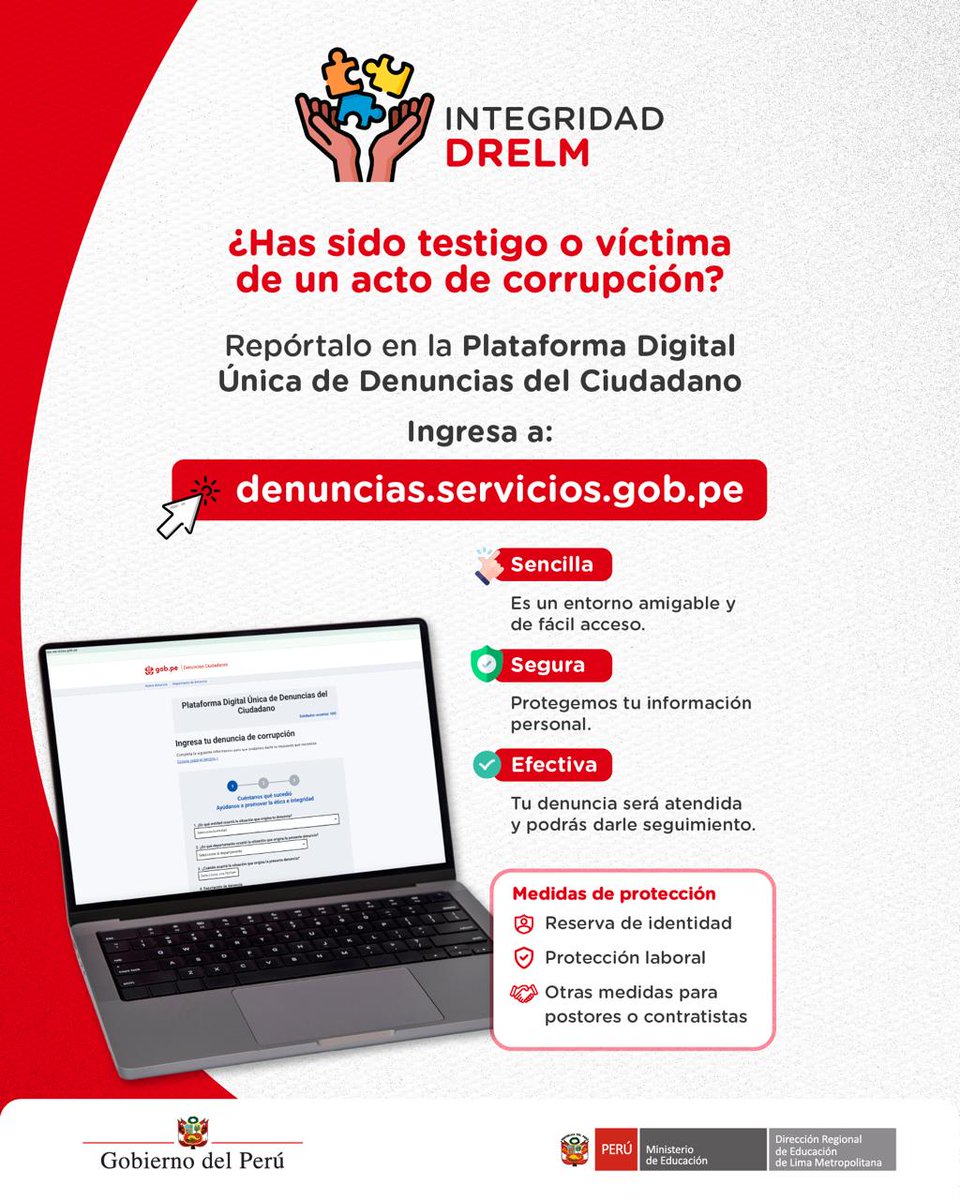 drelm_lima's tweet image. 🛡️ Reporta actos irregulares de forma segura y confidencial a través de la Plataforma Digital Única de Denuncias del Ciudadano:
denuncias.servicios.gob.pe

🤝 Tu participación fortalece la integridad y construye un país más justo.

#IntegridadDRELM #ParticipaciónCiudadana