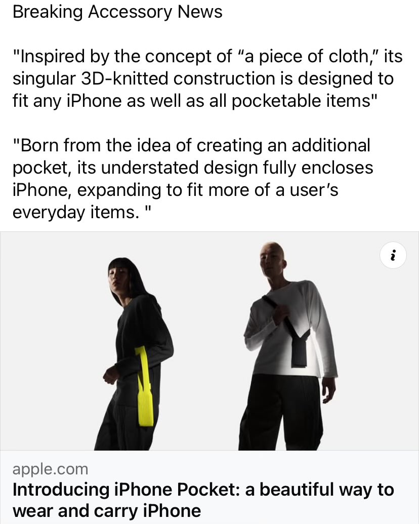 Apple joins the long list of techlords to declare groundbreaking invention of something new that already exists, in this case a wearable bag for “pocketable” items that one might call a purse