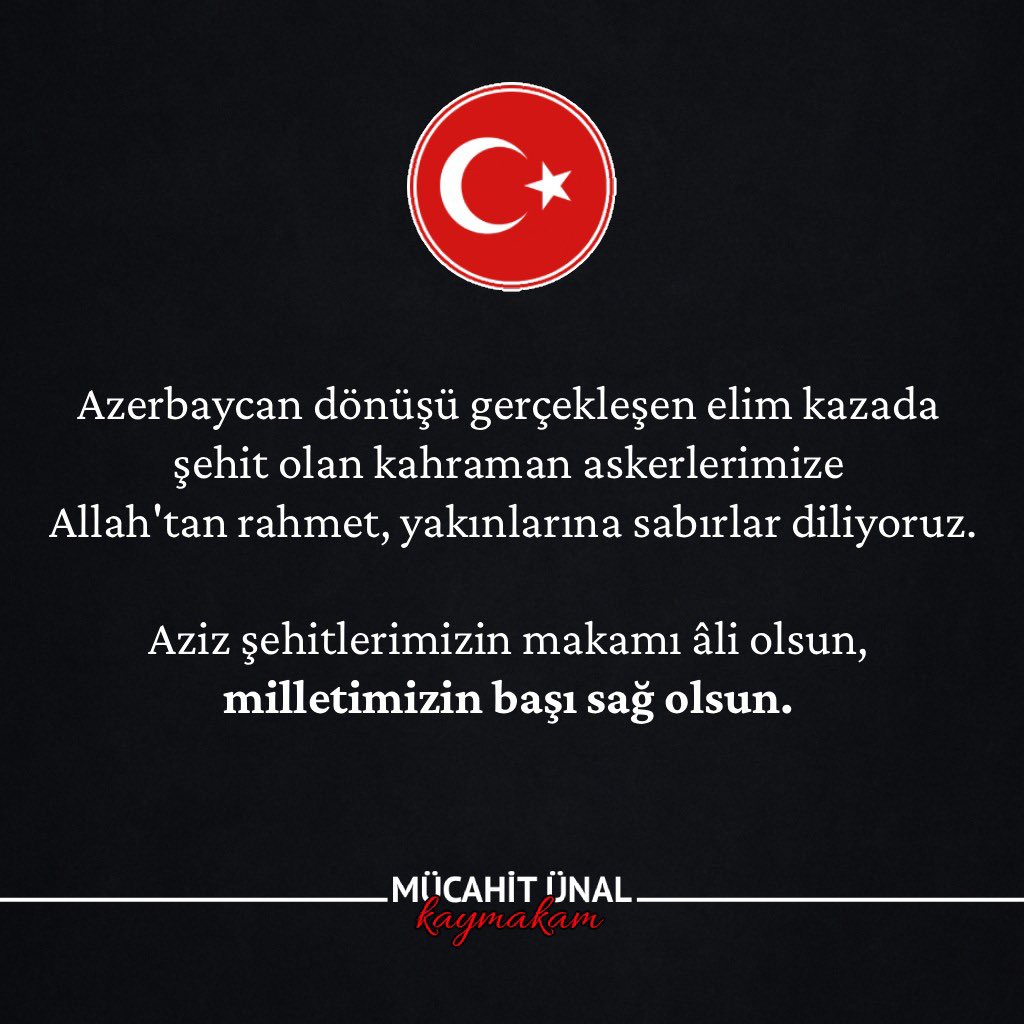 Azerbaycan dönüşü gerçekleşen elim kazada şehit olan kahraman askerlerimize Allah’tan rahmet, kederli yakınlarına sabırlar diliyorum.
Aziz şehitlerimizin makamları âli olsun, ruhları şad olsun, milletimizin başı sağ olsun.