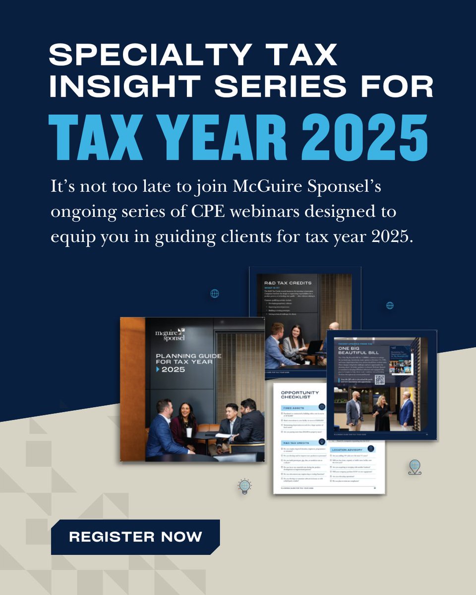Our Specialty Tax Insight Series for Tax Year 2025 is underway — and there’s still time to join the remaining CPE sessions.

Earn #CPE credit &amp; gain insights across R&amp;D Tax Credits, Cost Seg, Property Tax, IC-DISC &amp; more.

Register: bit.ly/489GLgI

#TaxPlanning